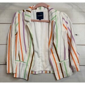 ModCloth Womens Linen Cotton Striped Open Front Blazer Jacket White Multi Small
